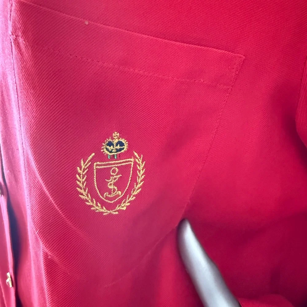 Charter Club Red Classic Button up Silk Blouse‎ Preppy Crest Logo Pocket Size 16